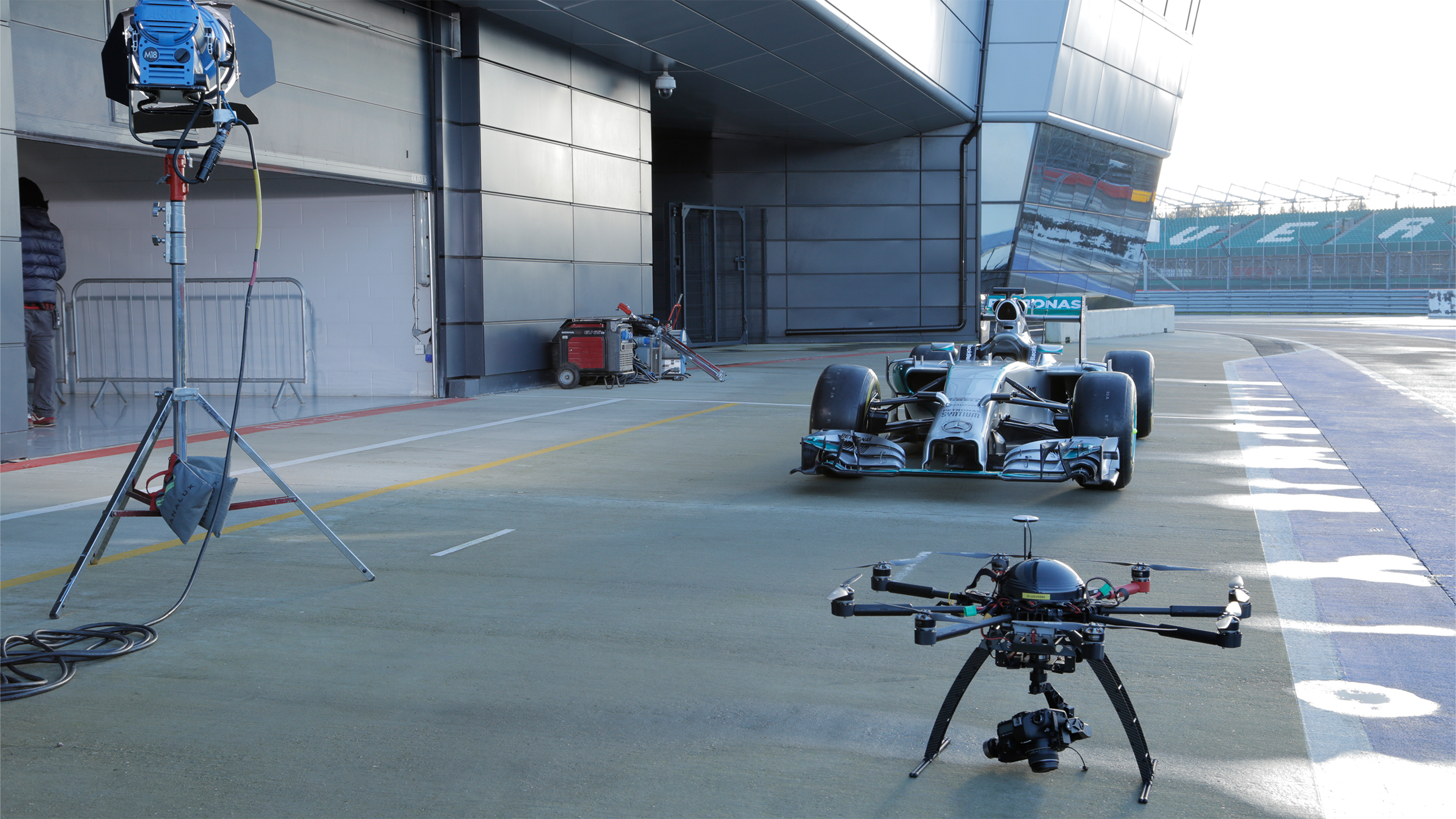 aerial filming lewis hamilton silverstone race track