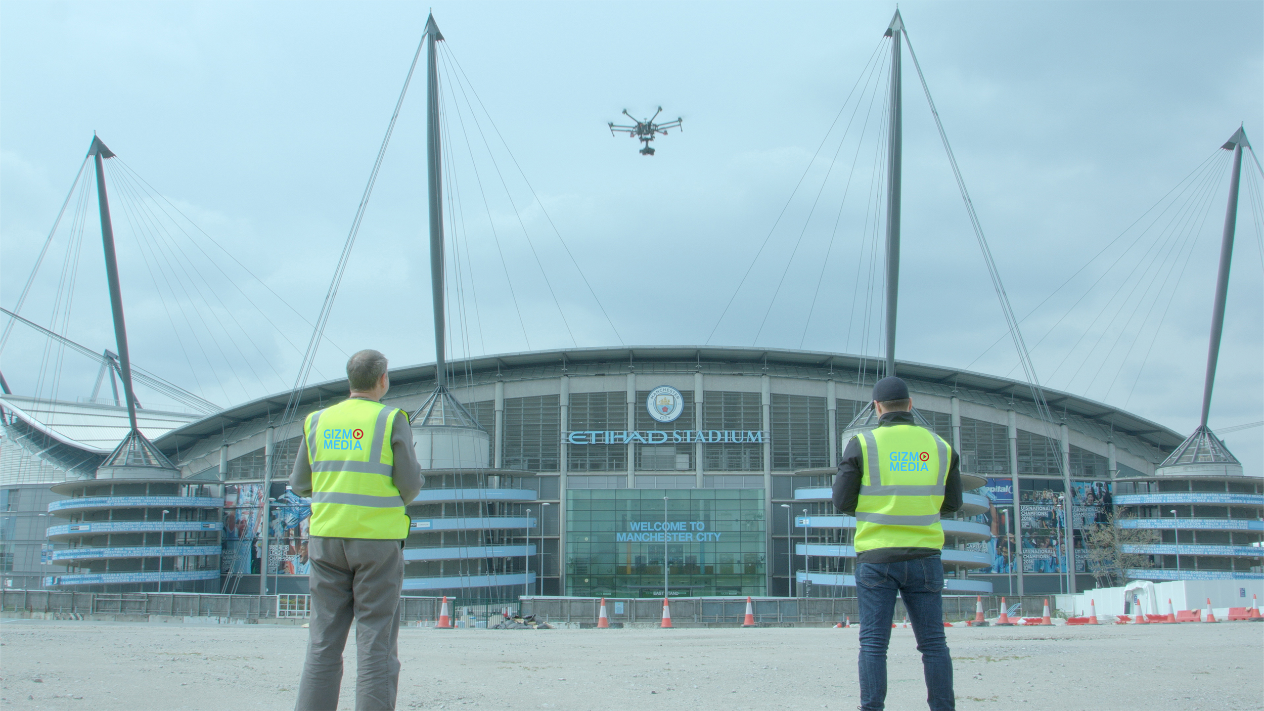 aerial filming man city emirates football stadium